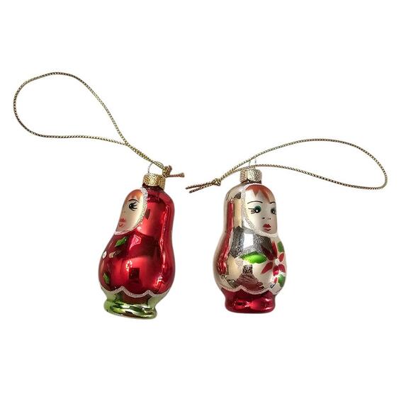 Set of 2 Vintage Blown Glass Christmas Ornaments Small Russian Nesting Dolls - Picture 1 of 6